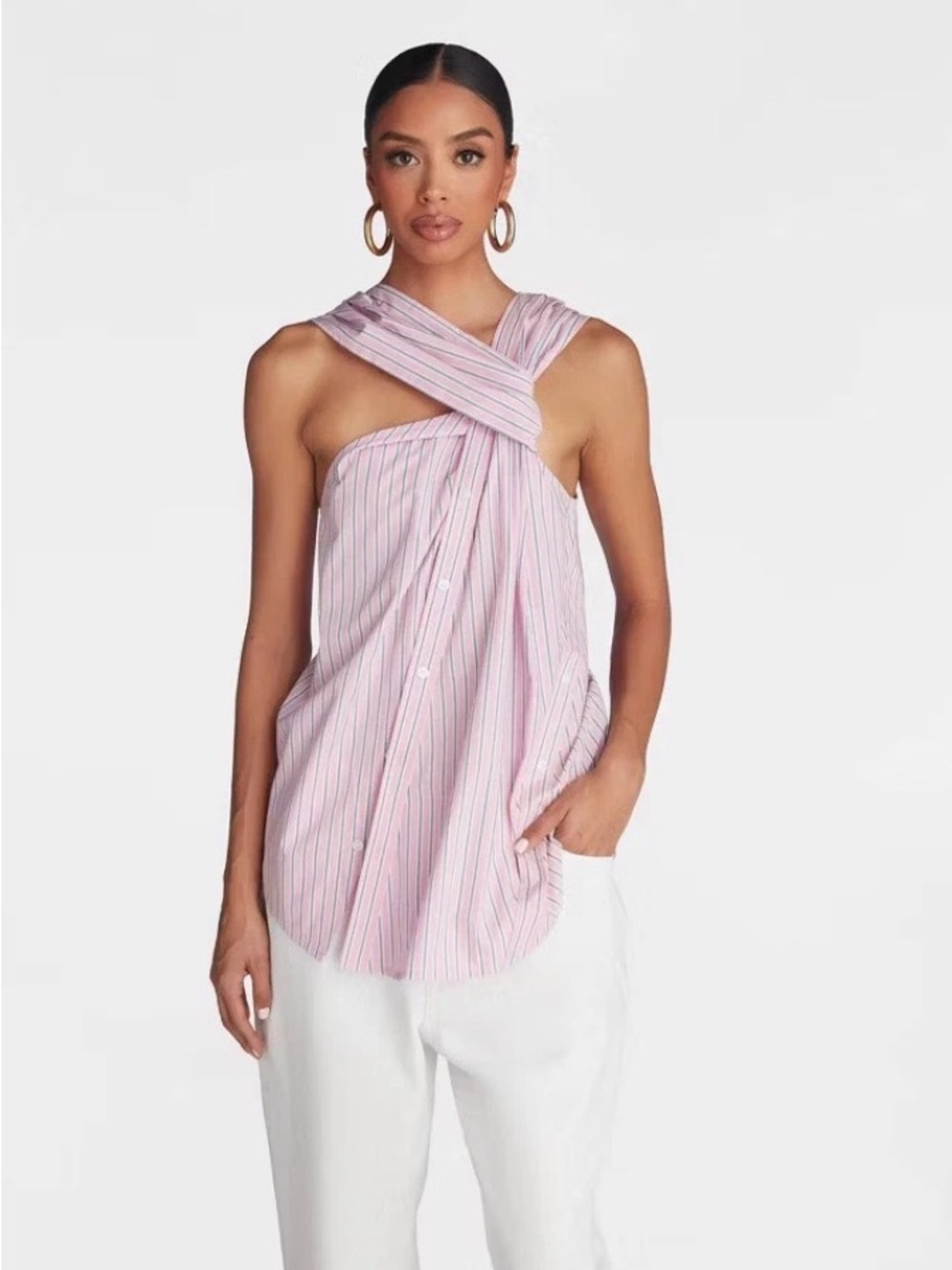 KBB Twisted Striped Pink Cross-Neck Women's Top Small